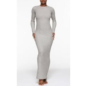 Skims Waffle Crew Neck Long Sleeve Light Heather Gray Maxi Dress XS